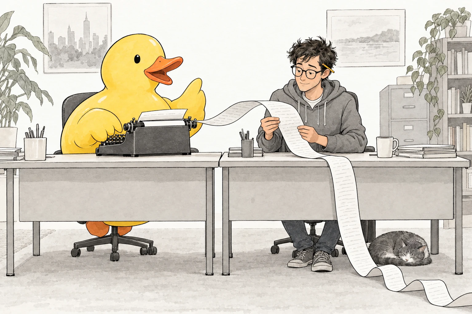 A giant yellow rubber duck types on a typewriter at the next desk while an engineer reads the first few inches of a paper strip that spills off his desk and out of frame.