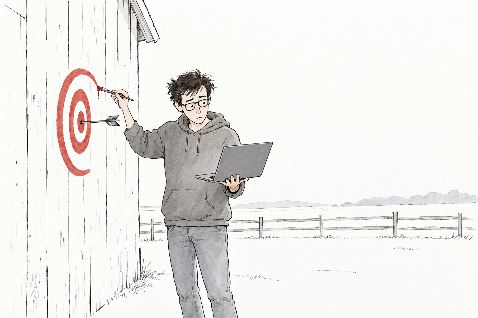 An engineer holding a laptop paints a red target around an arrow already stuck in a barn wall.